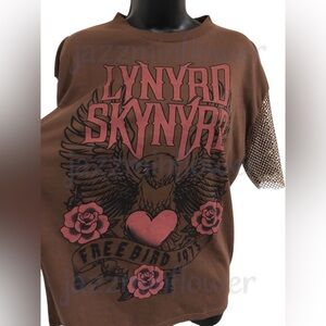 Lynyrd‎ Skynyrd brown crystal rhinestone mesh net sleeve Free Bird tshirt size M